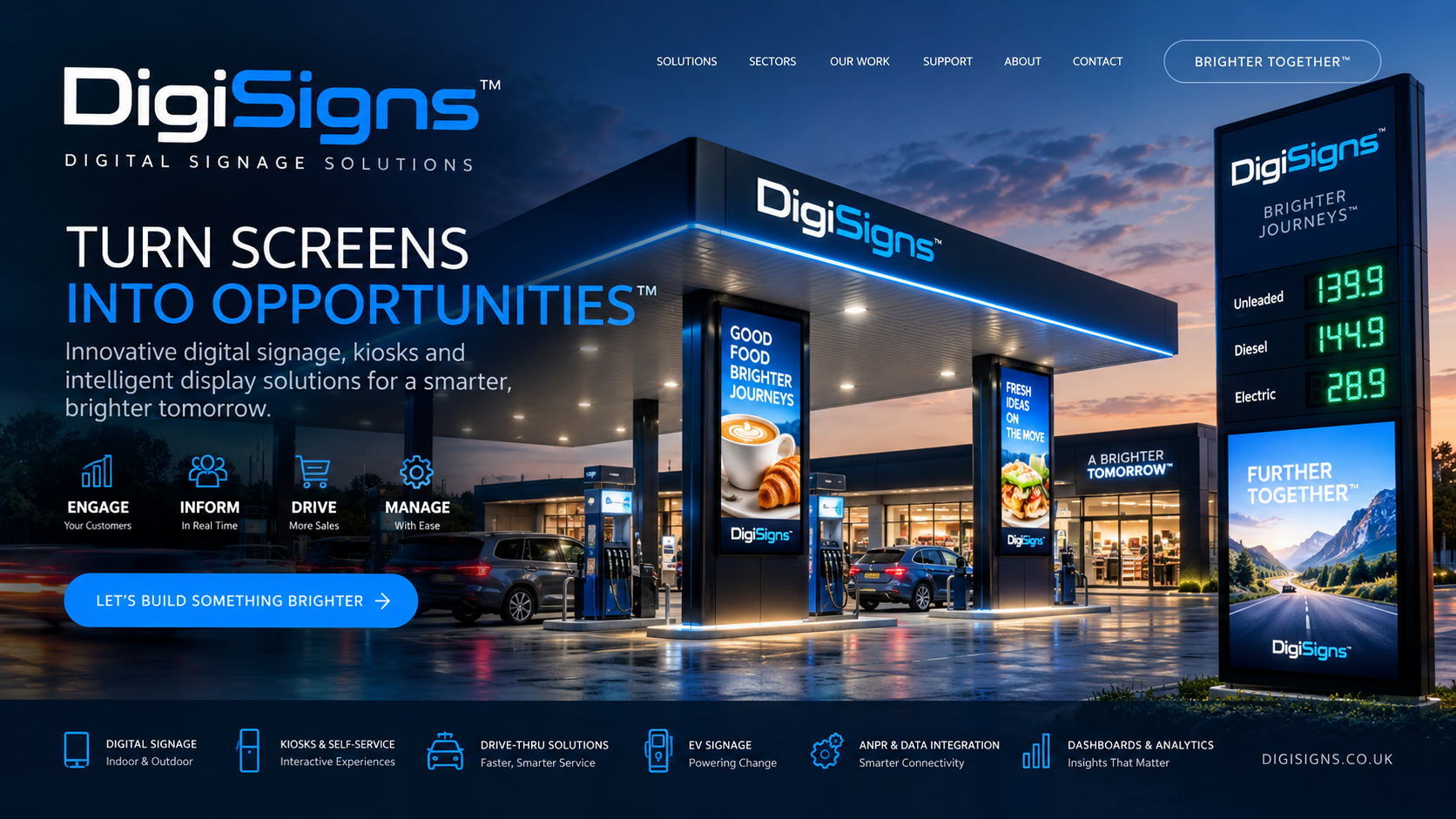 DigiSigns connected forecourt concept with outdoor advertising displays, digital fuel prices and EV information. Turn screens into opportunities.